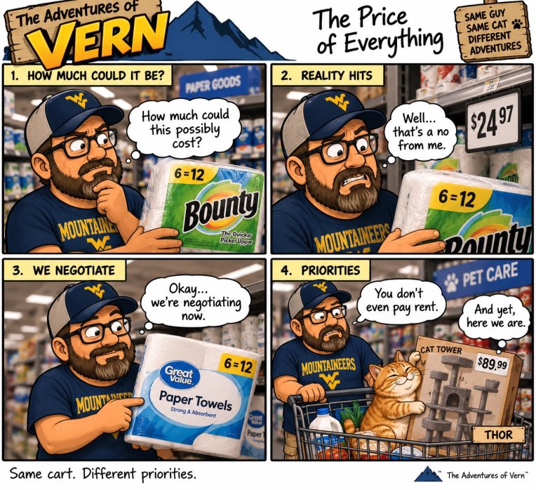 Four-panel Vern comic 'The Price of Everything': Vern holds Bounty paper towels wondering how much it could be; reality hits at $24.97; he negotiates by switching to Great Value paper towels; then priorities shift to an $89.99 cat tower for Thor the orange cat.