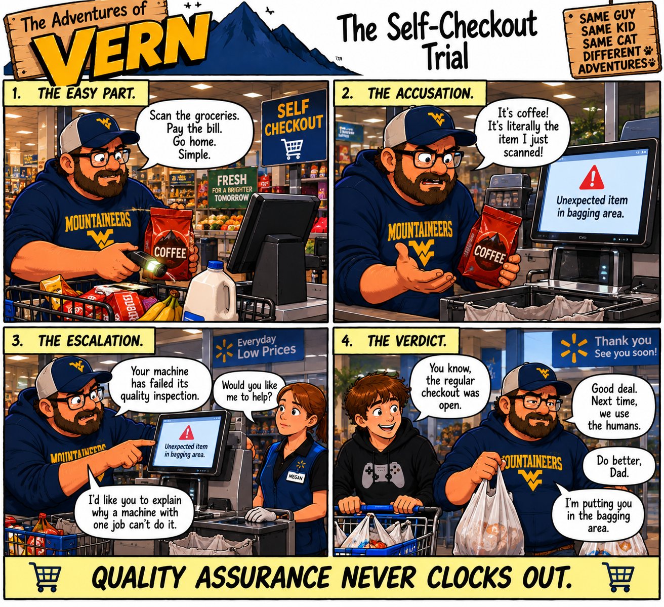 The Self-Checkout Trial — 4-panel Adventures of Vern comic strip