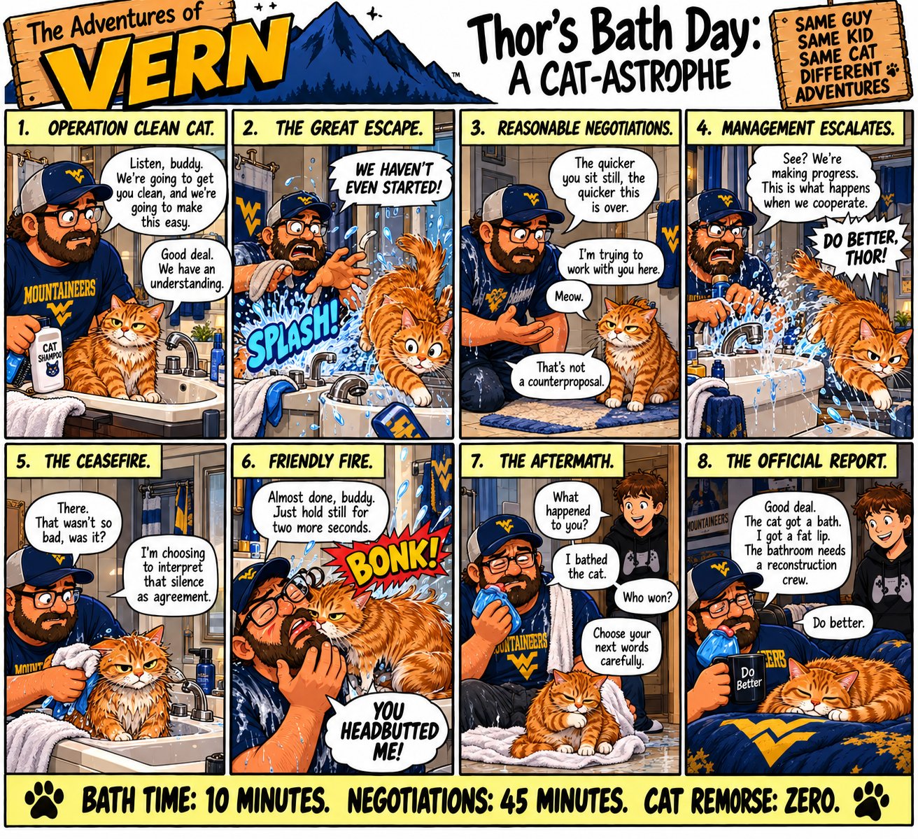 Thor's Bath Day: A Cat-astrophe — 8-panel Adventures of Vern comic strip