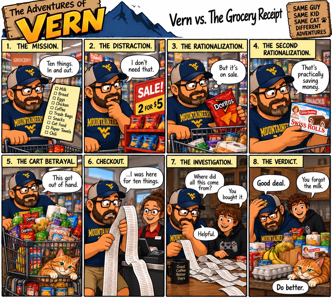 Vern vs. The Grocery Receipt — 8-panel Adventures of Vern comic strip about grocery shopping